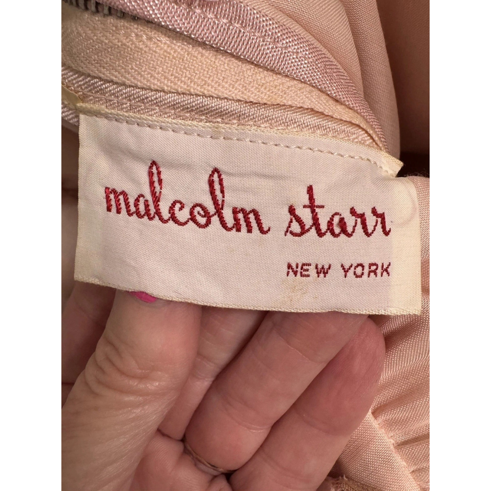 Vintage Malcolm Starr Blush Pink Beaded Satin A-Line Formal Dress 1960s - Picture 4 of 6